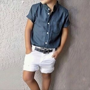 Calvin Klein Boy's Denim Dark Blue Casual Button Down Short Sleeve Shirt Size 8